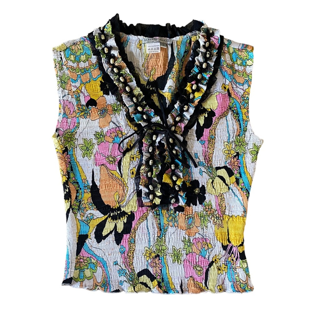 Vintage Roberto Makali Multicolor Floral Sleeveless Beaded Crinkle Tank Womens S